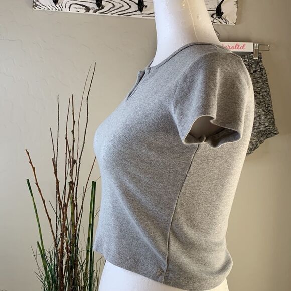 𝅺brandy Melville gray crop top V cut out at neckline short sleeves - Picture 3 of 13